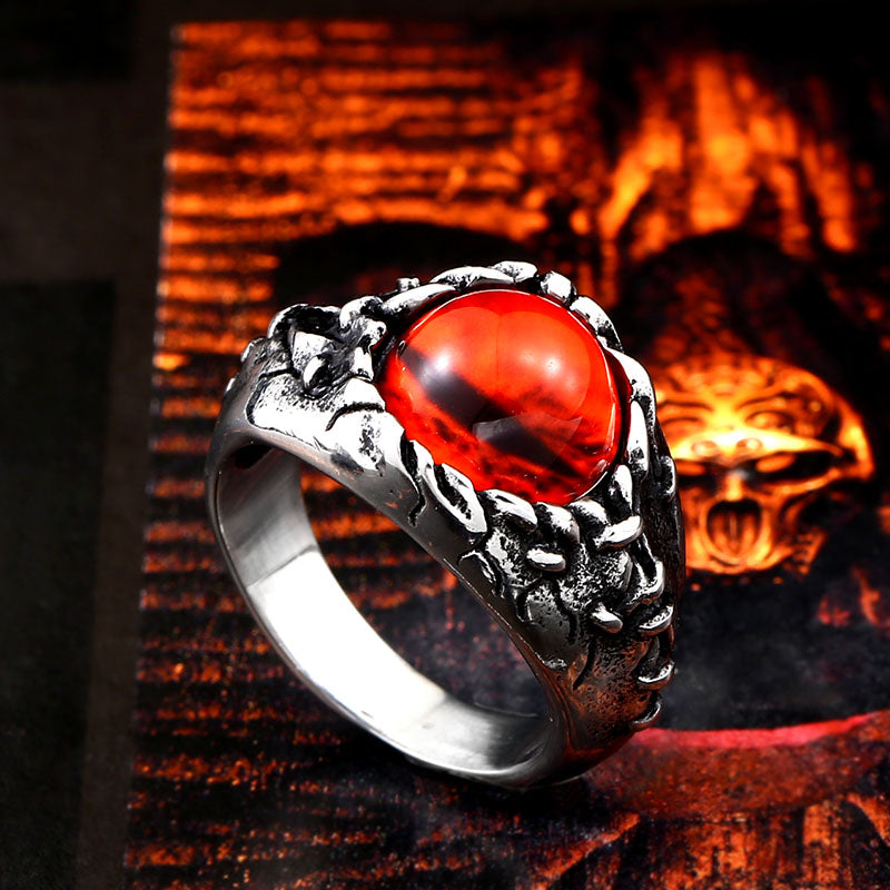 Vannamoda Red stone devil's eye men's ring punk biker stainless steel Ring Unisex