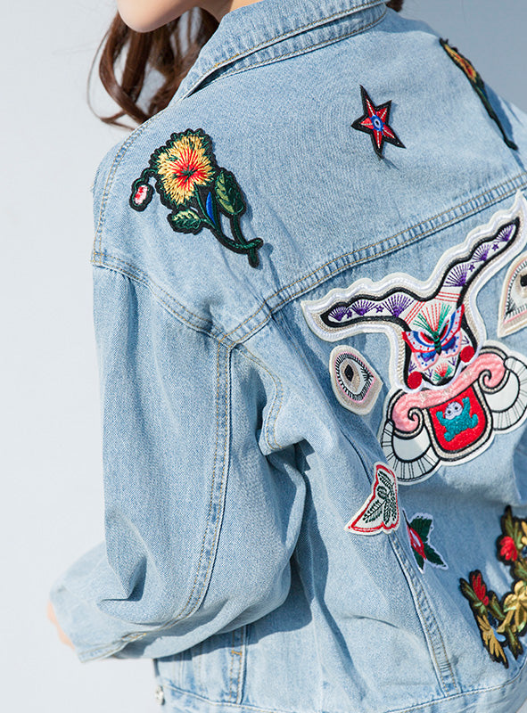 Oversized Denim Jacket With Patches Blue