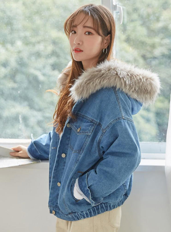 9100 Fur Collar Jean Jacket,Denim Over sized Denim Jacket- Warm jacket