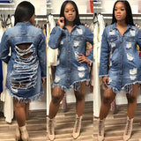 Spring And Summer  Street Fashion Women Cutwork/ Distress   Long  Blue Denim Jacket/Shirt Jacket