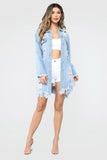 Spring And Summer  Street Fashion Women Cutwork/ Distress   Long  Blue Denim Jacket/Shirt Jacket