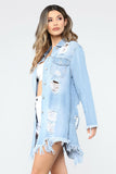 Spring And Summer  Street Fashion Women Cutwork/ Distress   Long  Blue Denim Jacket/Shirt Jacket