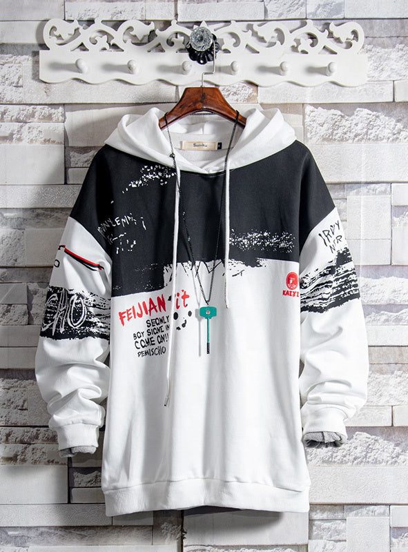 Autumn contrast color stitching drawstring hooded sweater men's large size loose casual sweatshirt trend wild jacket