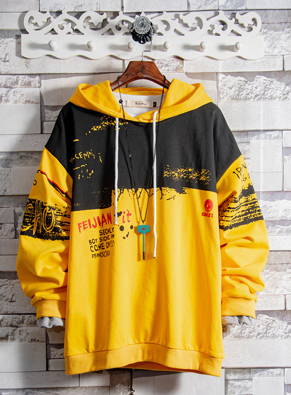 Autumn contrast color stitching drawstring hooded sweater men's large size loose casual sweatshirt trend wild jacket