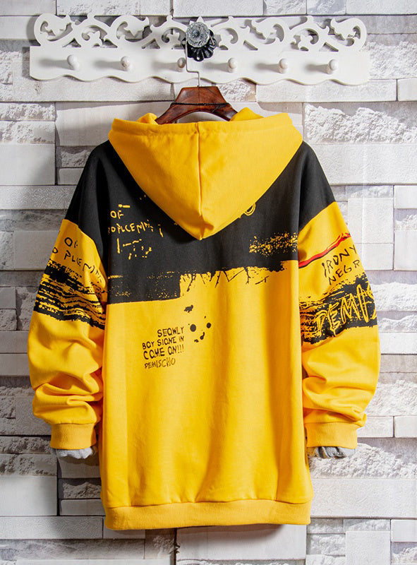 Autumn contrast color stitching drawstring hooded sweater men's large size loose casual sweatshirt trend wild jacket