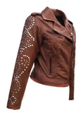 Vanna Woman Leather Moto Biker Jacket Studded Sleeve