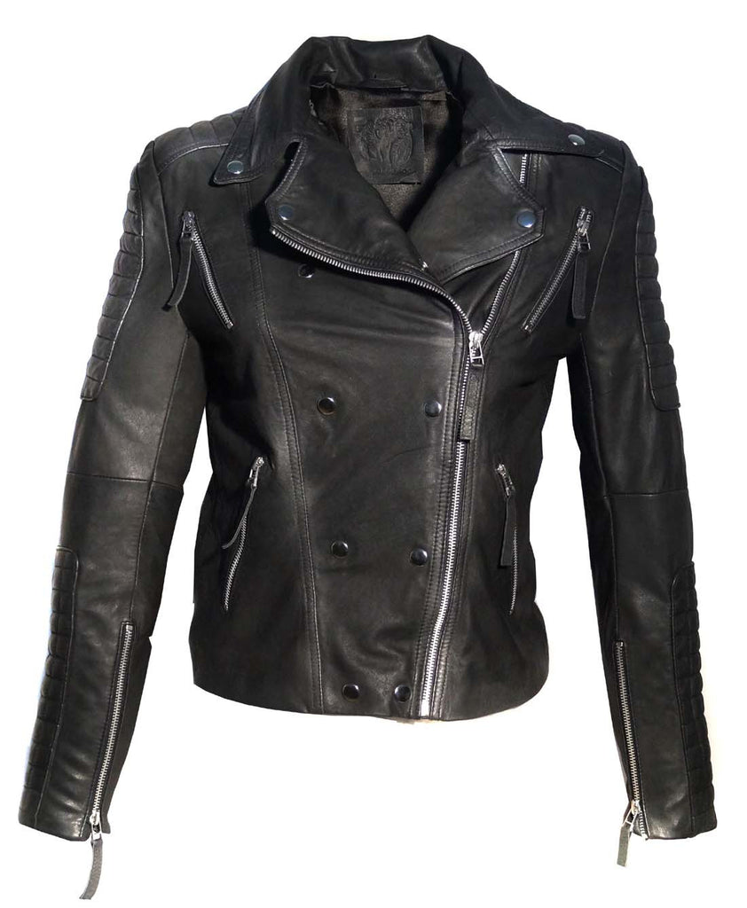 Leather Motorcycle Biker Washed Women Jacket with Multi Zippers