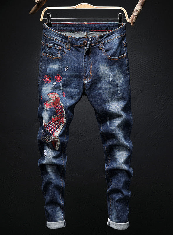 S437 New Designer Embroidered Fish jeans Mens pant
