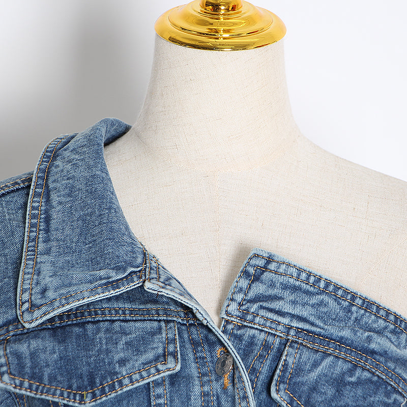CASUAL IRREGULAR DENIM JACKETS FOR FEMALE LAPEL COLLAR LONG SLEEVE TUNIC SLIM ASYMMETRICAL