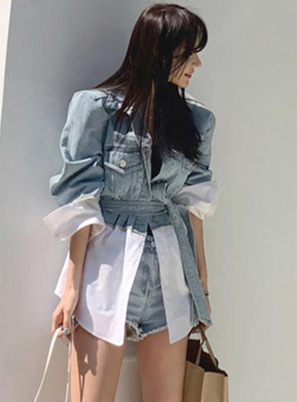 Patchwork Oversized Coat Autumn Fashion Lapel Long Sleeve With Sashes Women Denim Jacket