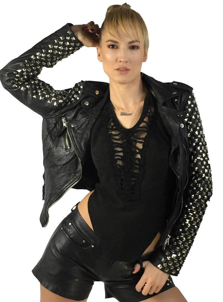 Vannamoda KISHI WOMEN LEATHER BIKER JACKET WITH MULTI STUDS AT SLEEVES