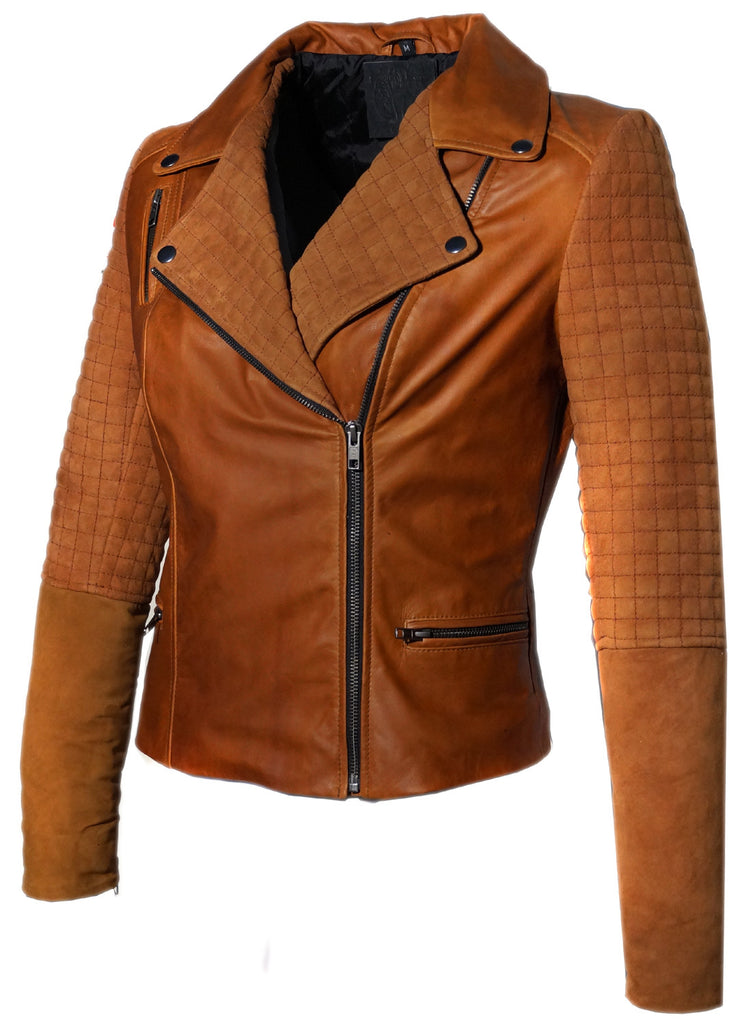 Women Leather Biker Jacket with Two Tone Oil Pull up and Suede Leather , Women Jacket - CrabRocks, LeatherfashionOnline
 - 1