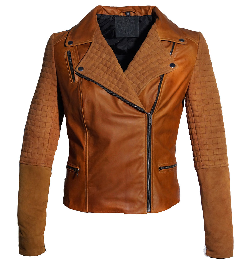 Women Leather Biker Jacket with Two Tone Oil Pull up and Suede Leather Tan Brown / XS / LEATHER, Women Jacket - CrabRocks, LeatherfashionOnline
 - 4