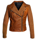 Women Leather Biker Jacket with Two Tone Oil Pull up and Suede Leather Tan Brown / XS / LEATHER, Women Jacket - CrabRocks, LeatherfashionOnline
 - 4
