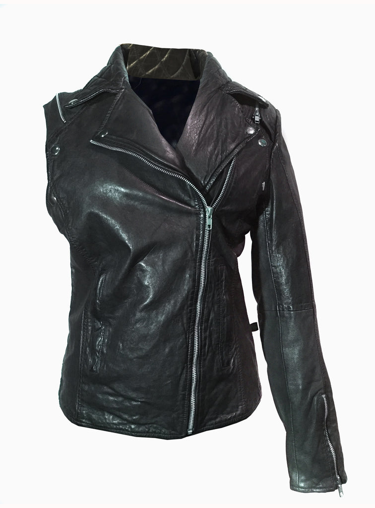 Dual Wear Saints Woman Leather Moto Washed Biker Jacket