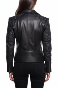 Women Designer Floral Puffed Embroidery Biker Jacket