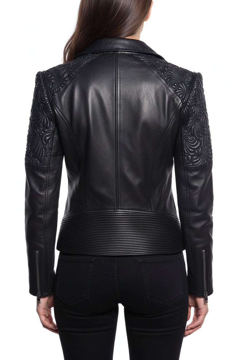 Women Designer Floral Puffed Embroidery Biker Jacket