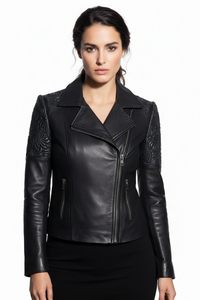 Women Designer Floral Puffed Embroidery Biker Jacket