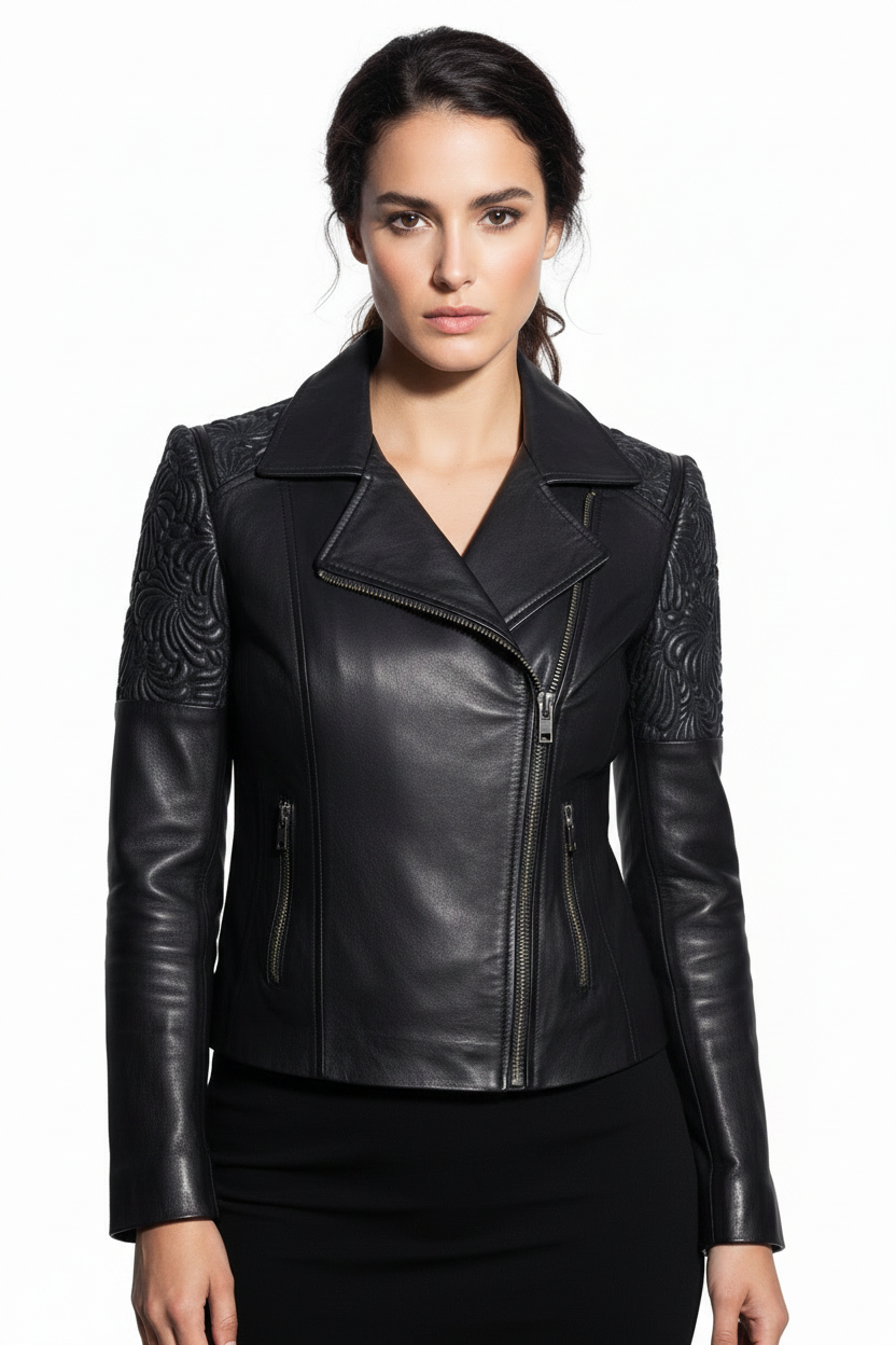 Women Designer Floral Puffed Embroidery Biker Jacket