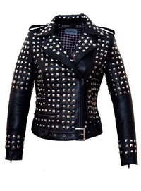 Leather Multi Studded Motorcycle Biker Woman Jacket with Buckle Belt