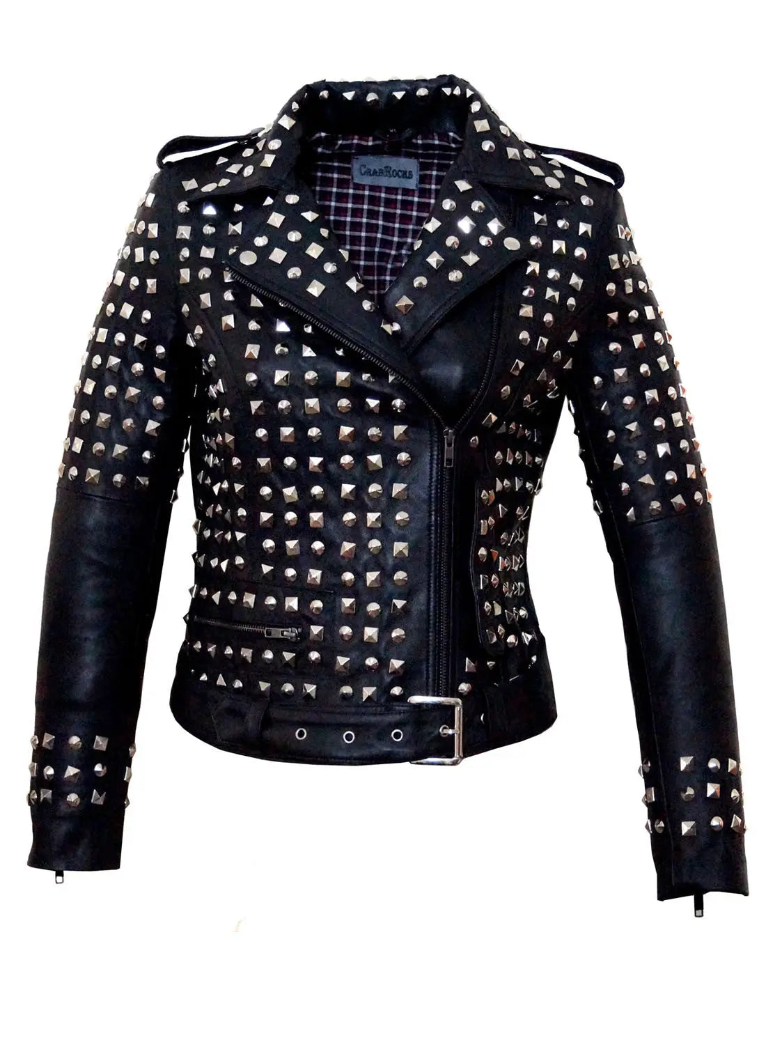 Leather Multi Studded Motorcycle Biker Woman Jacket with Buckle Belt