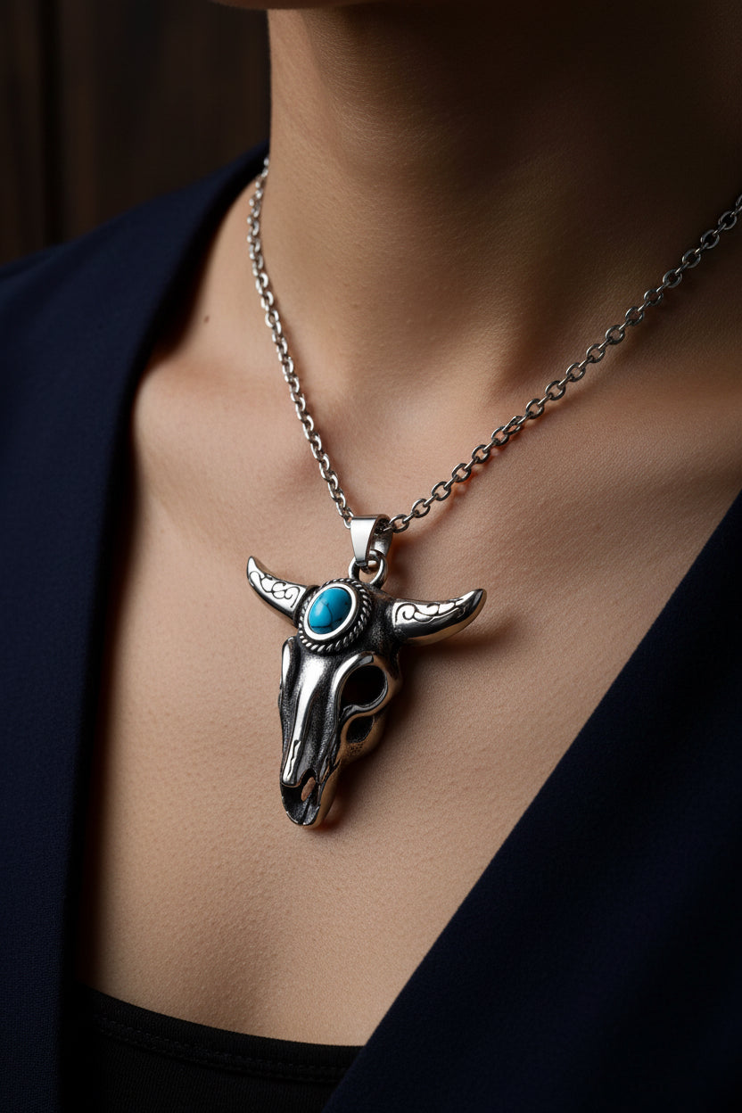 Bull with turquoise stone Pendant Stainless steel Necklace Unisex - best Seller