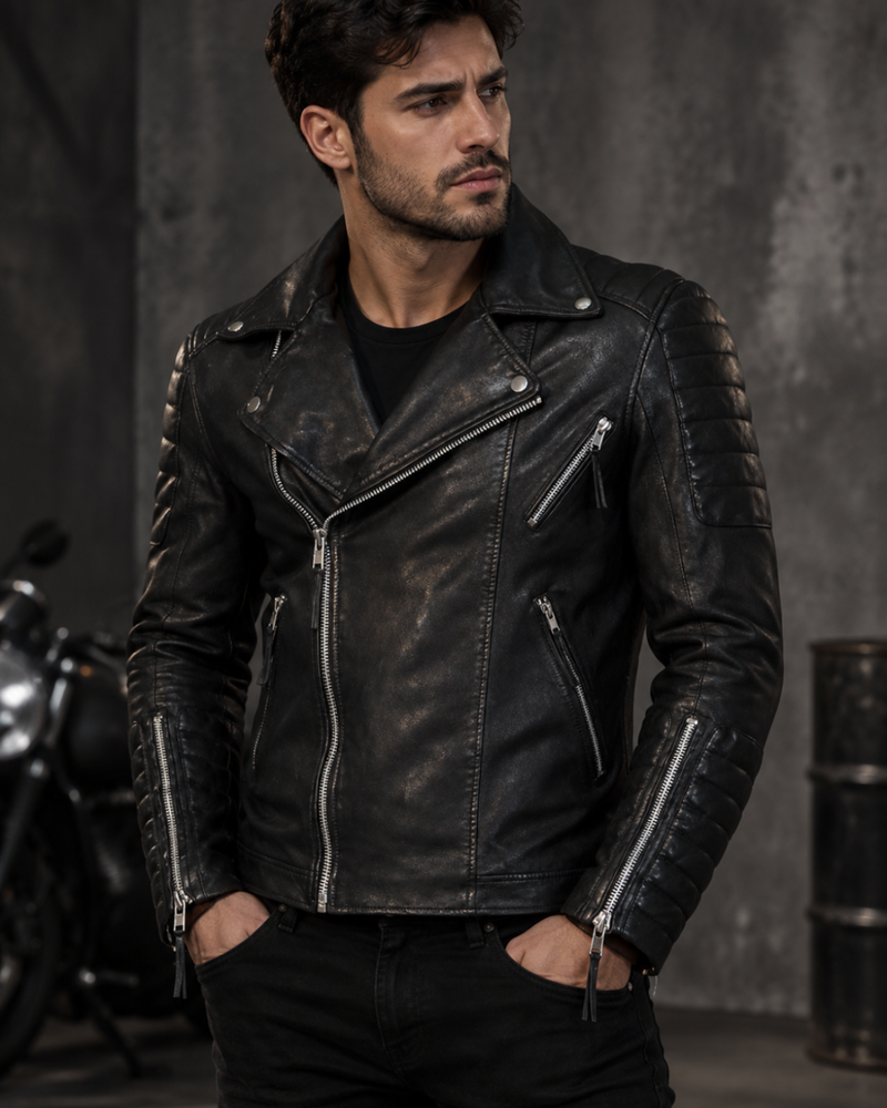 Man wearing a black leather jacket in MotorBiker style with Padded Sleeves and Silver Zippers and Poppers