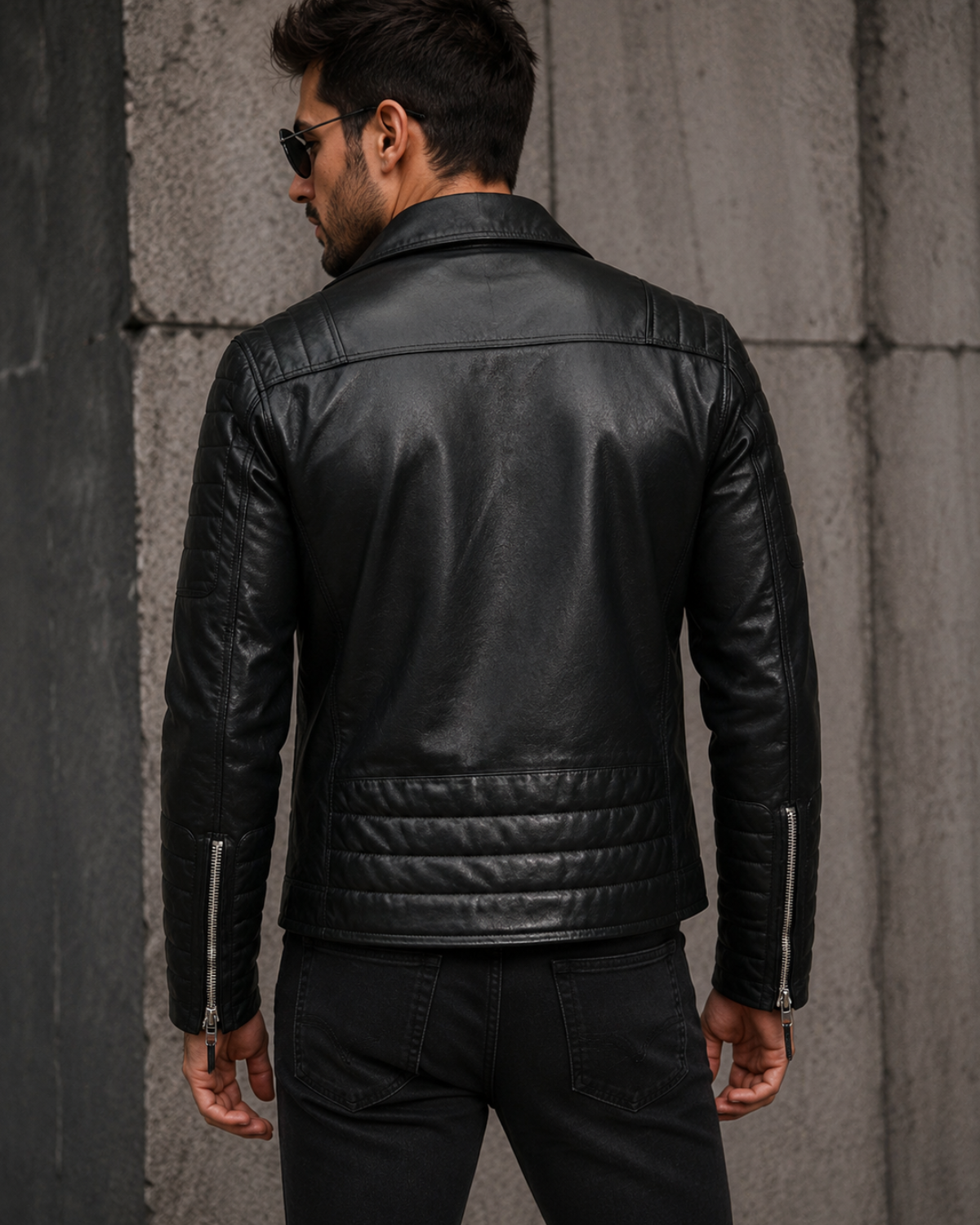 Man wearing a black leather jacket in MotorBiker style with Padded Sleeves and Silver Zippers and Poppers