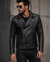 Man wearing a black leather jacket in MotorBiker style with Padded Sleeves and Silver Zippers and Poppers