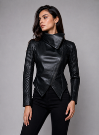 Asymmetric Women quilter leather Jacket  