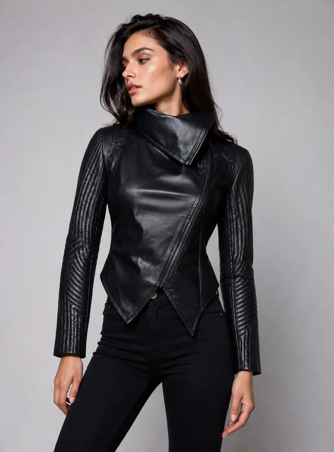 Women Leather Asymmetrical Soft Leather Jacket Multi Quilted Sleeve