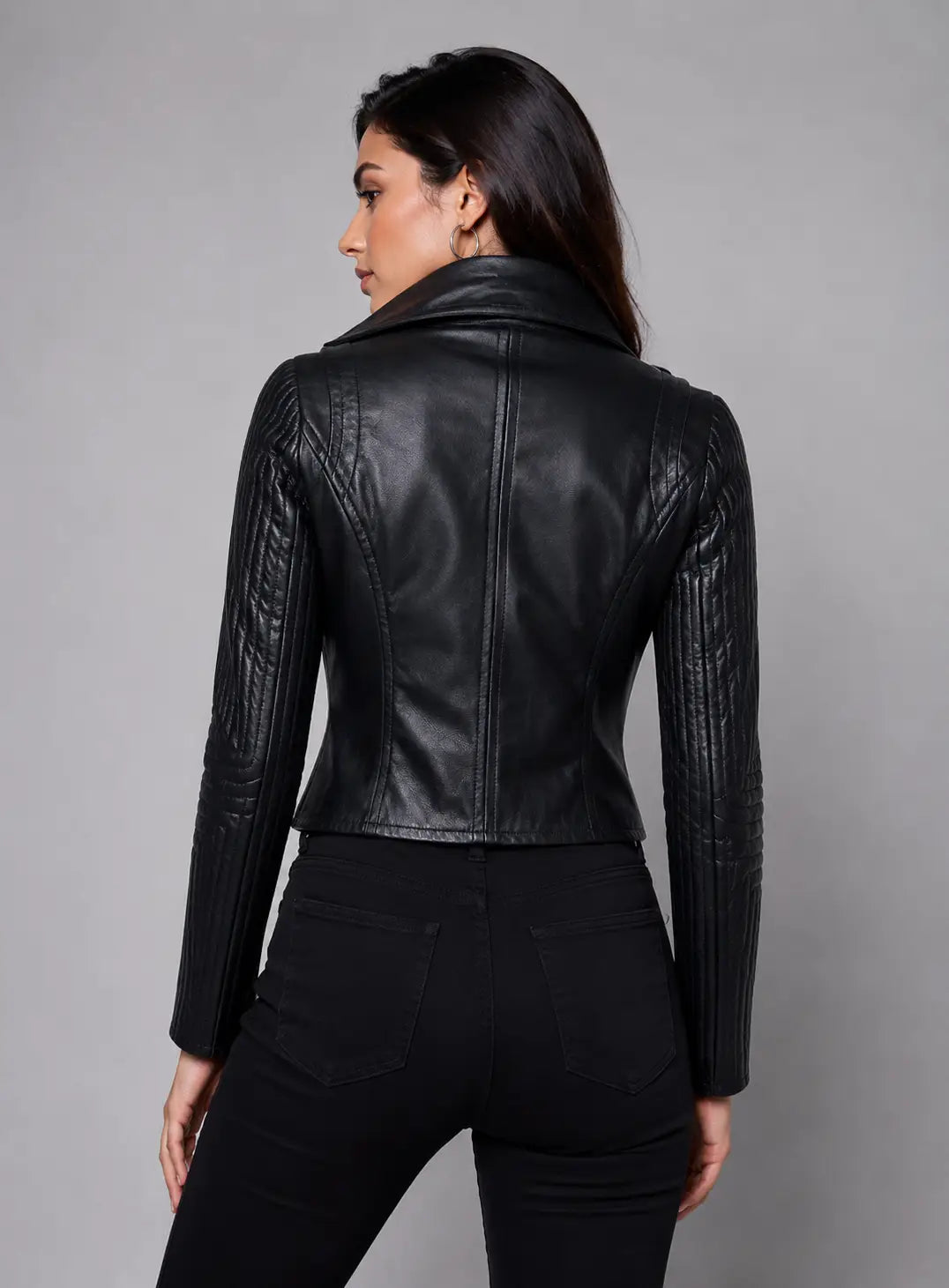 Women Leather Asymmetrical Soft Leather Jacket Multi Quilted Sleeve