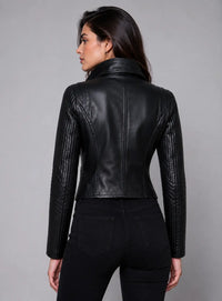 Women Leather Asymmetrical Soft Leather Jacket Multi Quilted Sleeve
