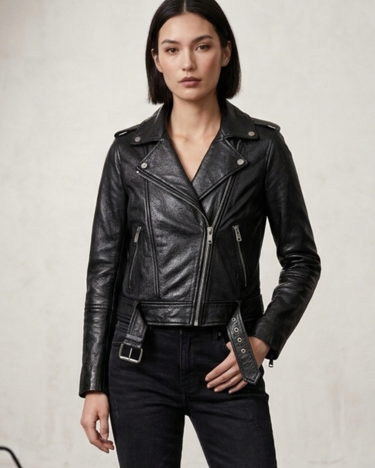 Women's Short Cropp Jacket with Bubbled Leather Washed Waxed effects