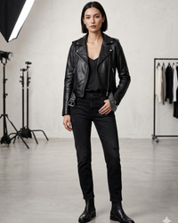 Women's Short Cropp Jacket with Bubbled Leather Washed Waxed effects