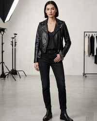 Women's Short Cropp Jacket with Bubbled Leather Washed Waxed effects