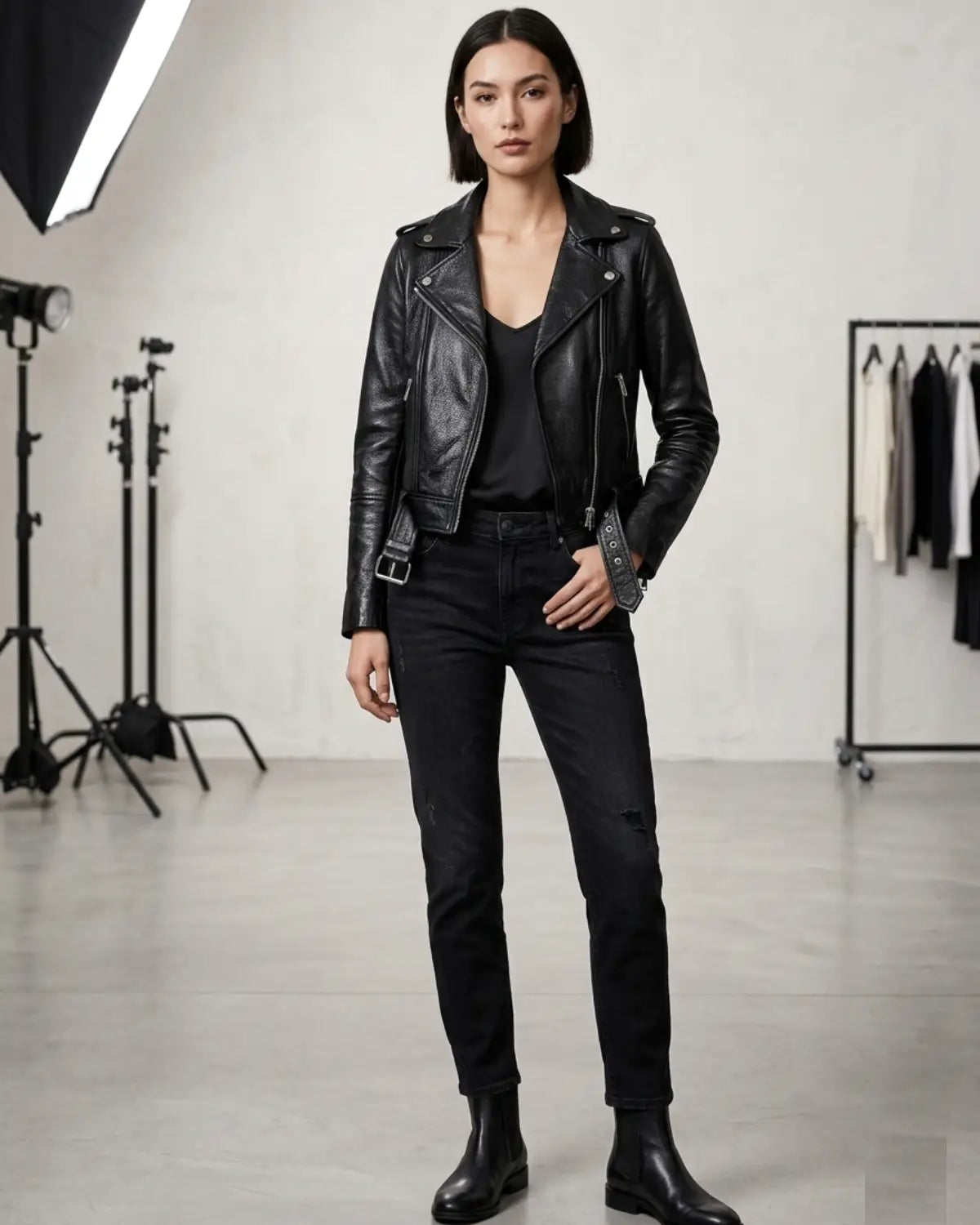 Women's Short Cropp Jacket with Bubbled Leather Washed Waxed effects