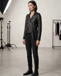 Women's Short Cropp Jacket with Bubbled Leather Washed Waxed effects