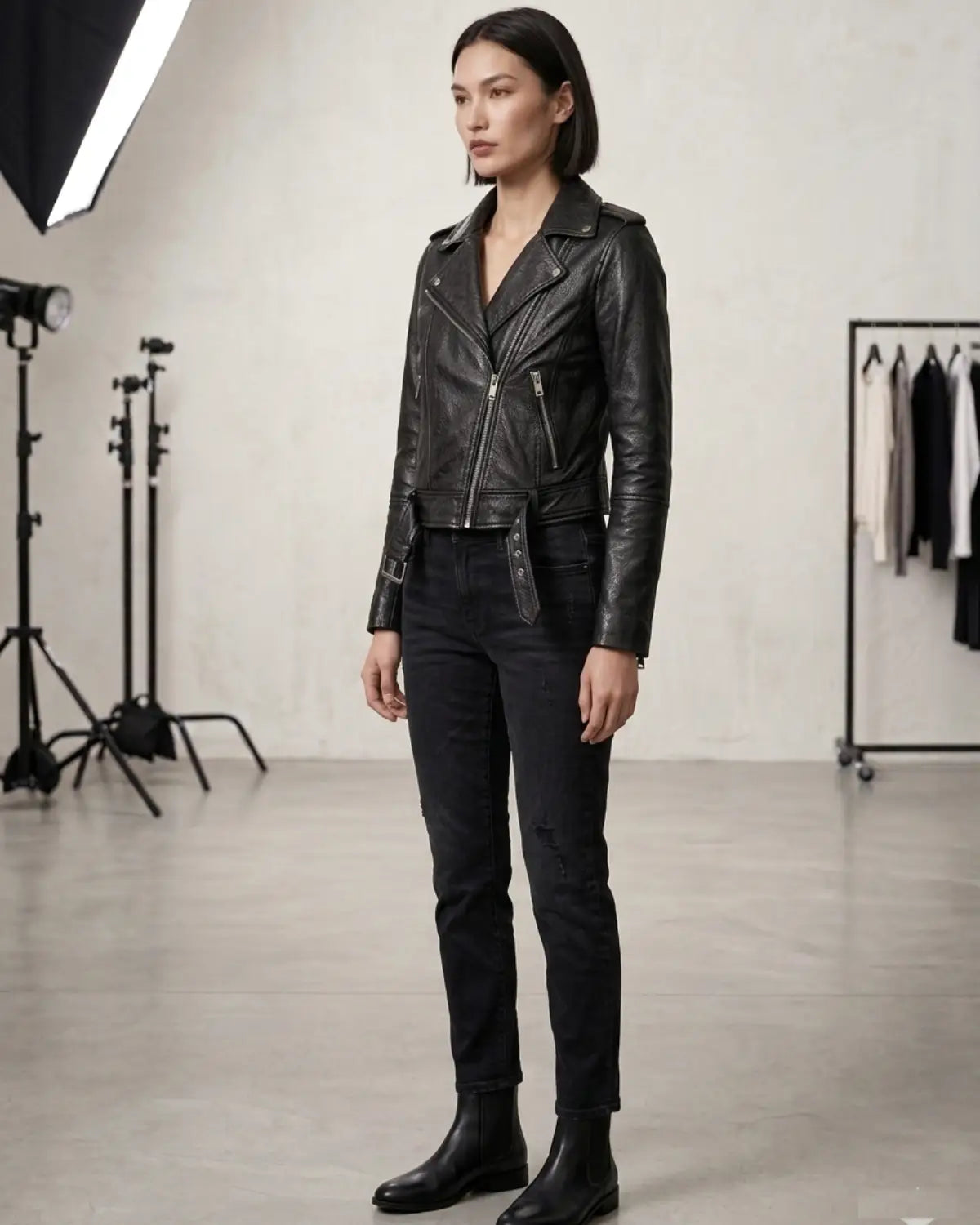 Women's Short Cropp Jacket with Bubbled Leather Washed Waxed effects