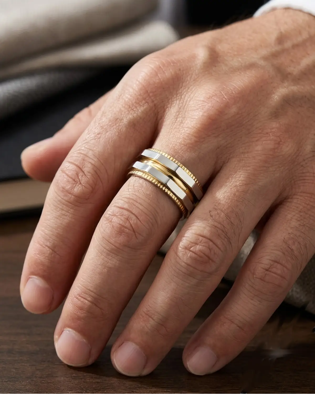 A close-up of a person's hand wearing three slim rings: two gold bands and one white gold band, resting on a dark wooden surface.
