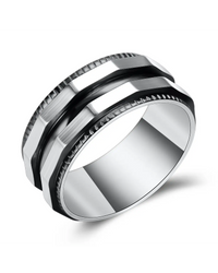 A silver-toned stainless steel ring with a modern, multi-band design featuring alternating polished and textured outer bands, shown on a clean white background.