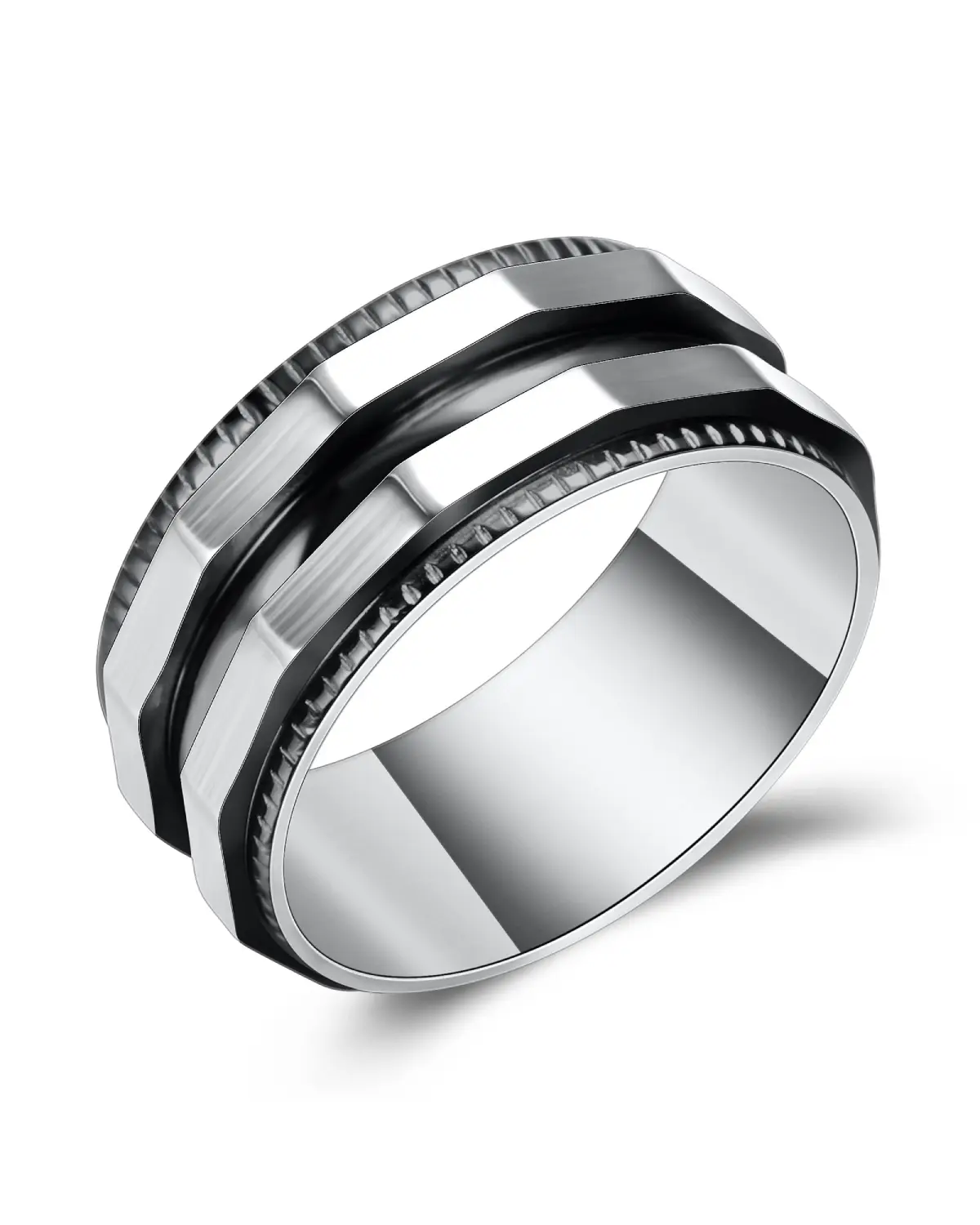 A silver-toned stainless steel ring with a modern, multi-band design featuring alternating polished and textured outer bands, shown on a clean white background.