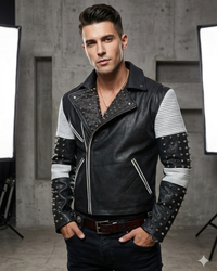 White Black Studded Men Motorcycle Biker Leather Jacket