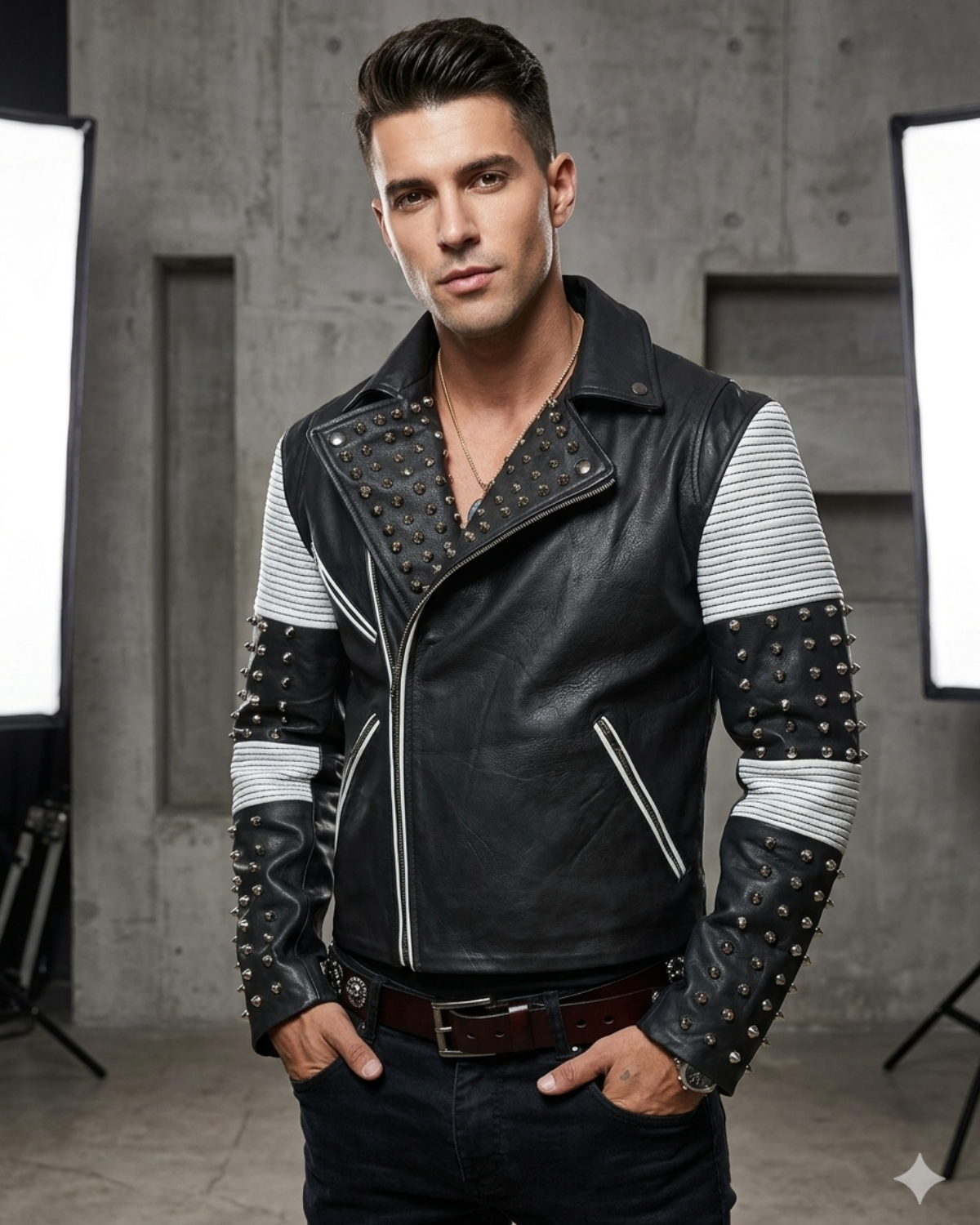 White Black Studded Men Motorcycle Biker Leather Jacket