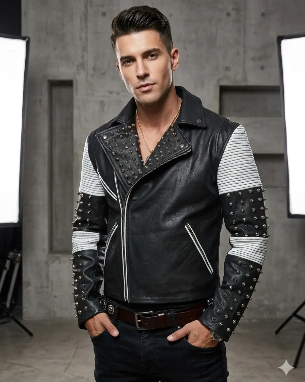 White Black Studded Men Motorcycle Biker Leather Jacket
