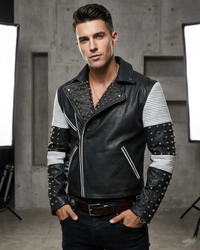 White Black Studded Men Motorcycle Biker Leather Jacket