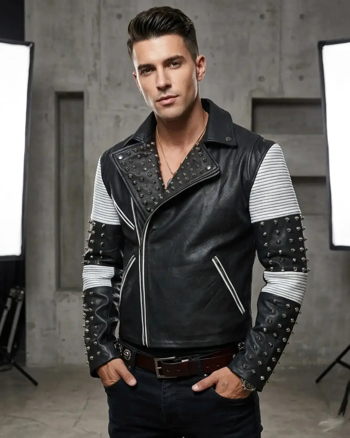White Black Studded Men Motorcycle Biker Leather Jacket
