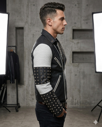 White Black Studded Men Motorcycle Biker Leather Jacket