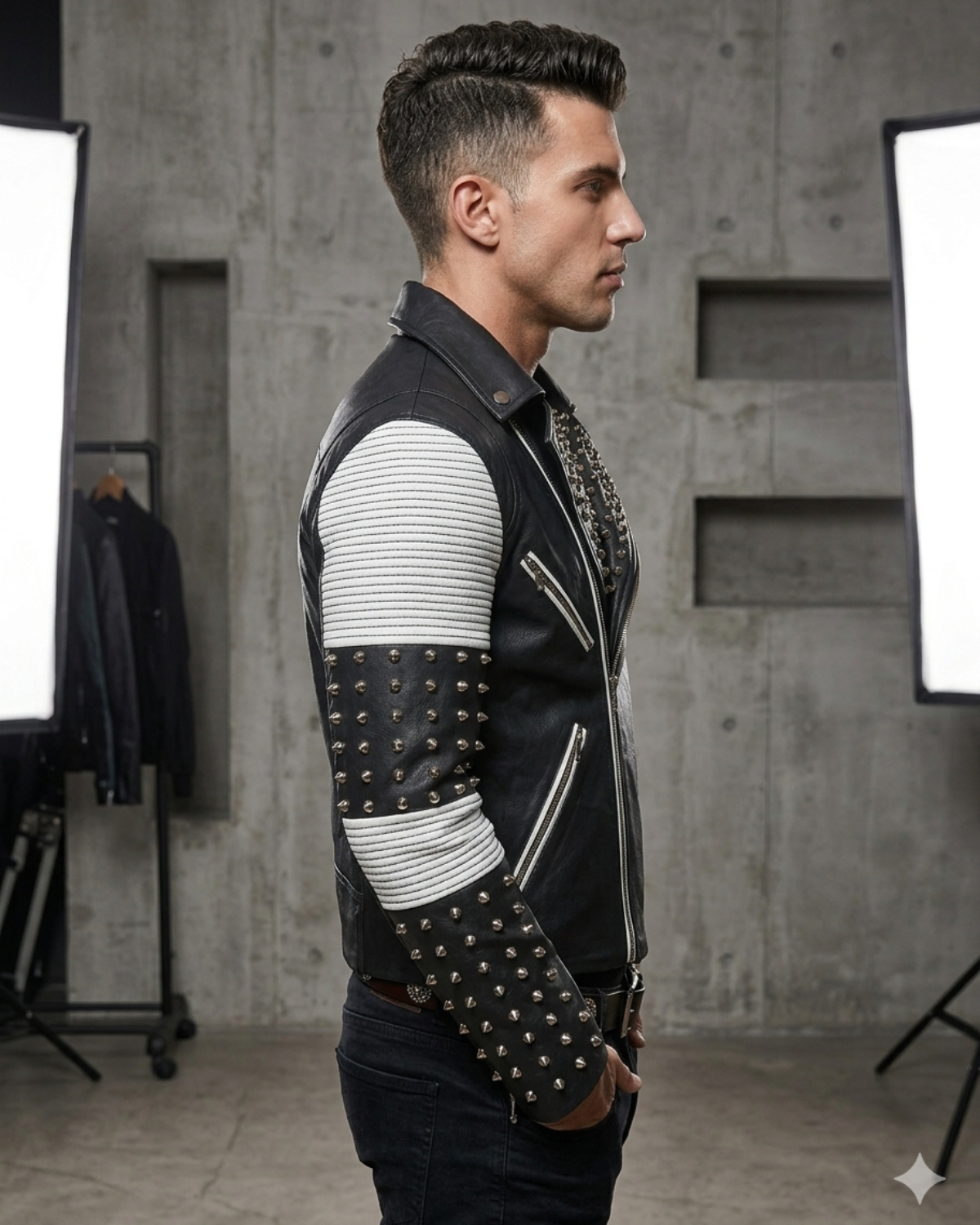White Black Studded Men Motorcycle Biker Leather Jacket
