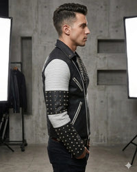 White Black Studded Men Motorcycle Biker Leather Jacket